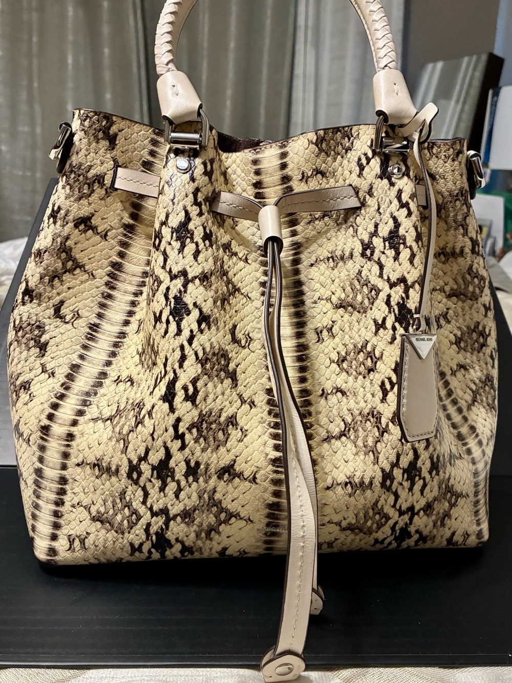 Michael Kors Neutral Snake-Print Drawstring Tote